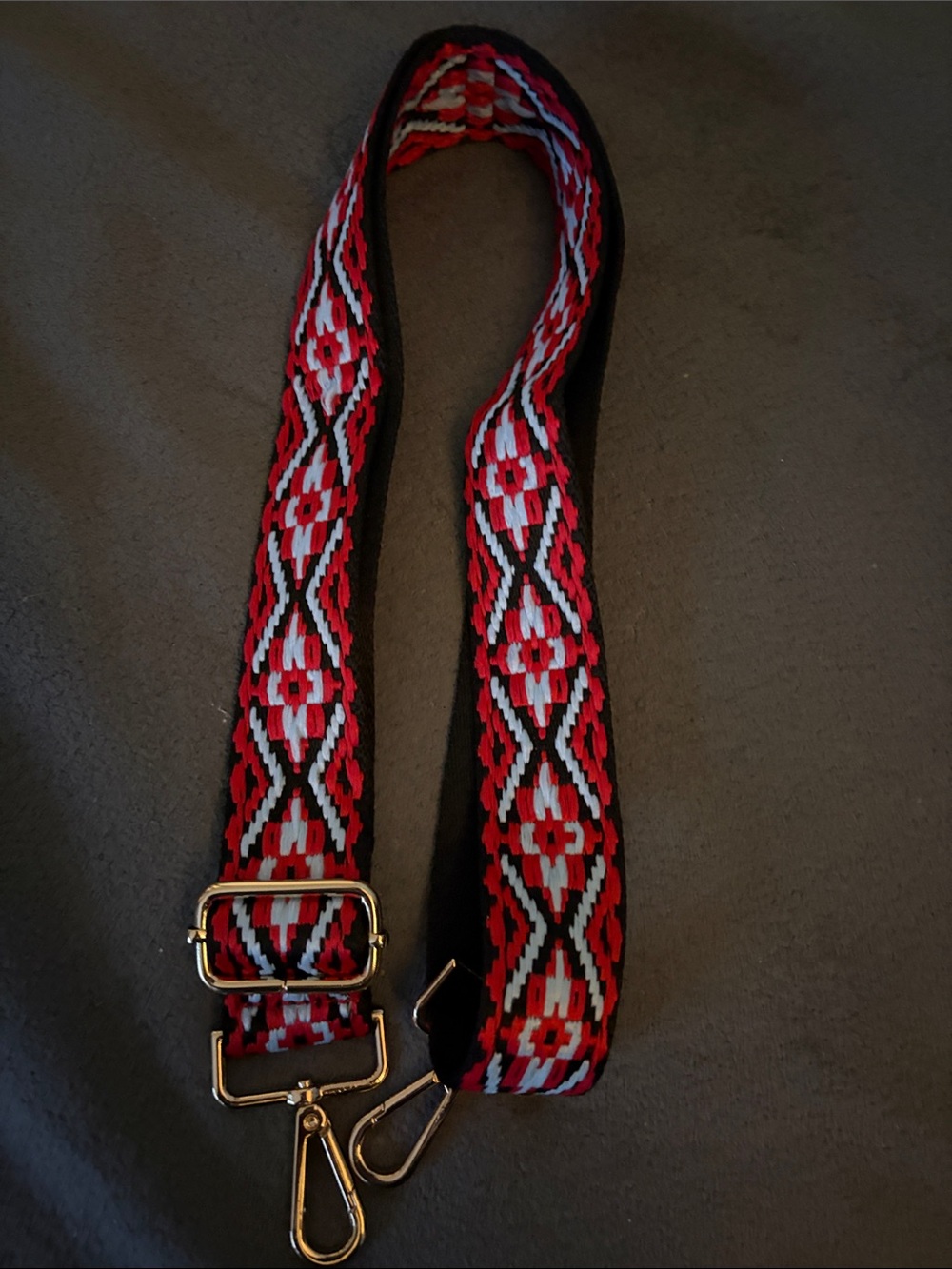 Adjustable Red Patterned Webbing Bag Strap with Gold Hardware